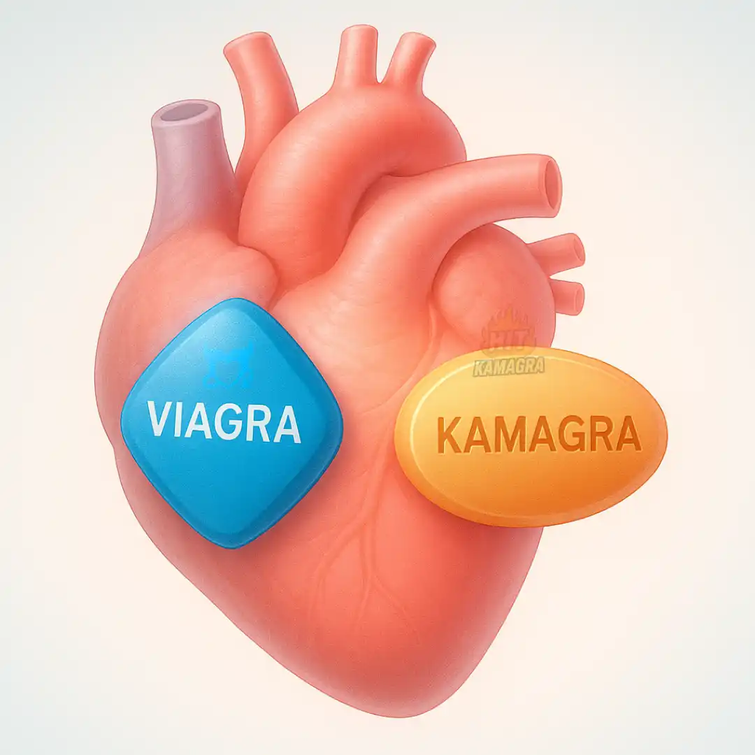 Grafičko poređenje tableta Kamagra i Viagra na srcu, simbol zdravog seksualnog života.