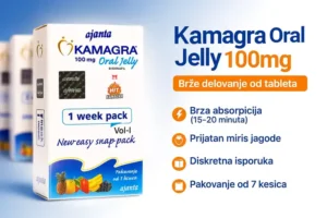 Kamagra Oral Jelly 100mg - gel za oralnu upotrebu sa bržim dejstvom od tableta. Pakovanje sadrži 7 praktičnih kesica prijatnog mirisa jagode.