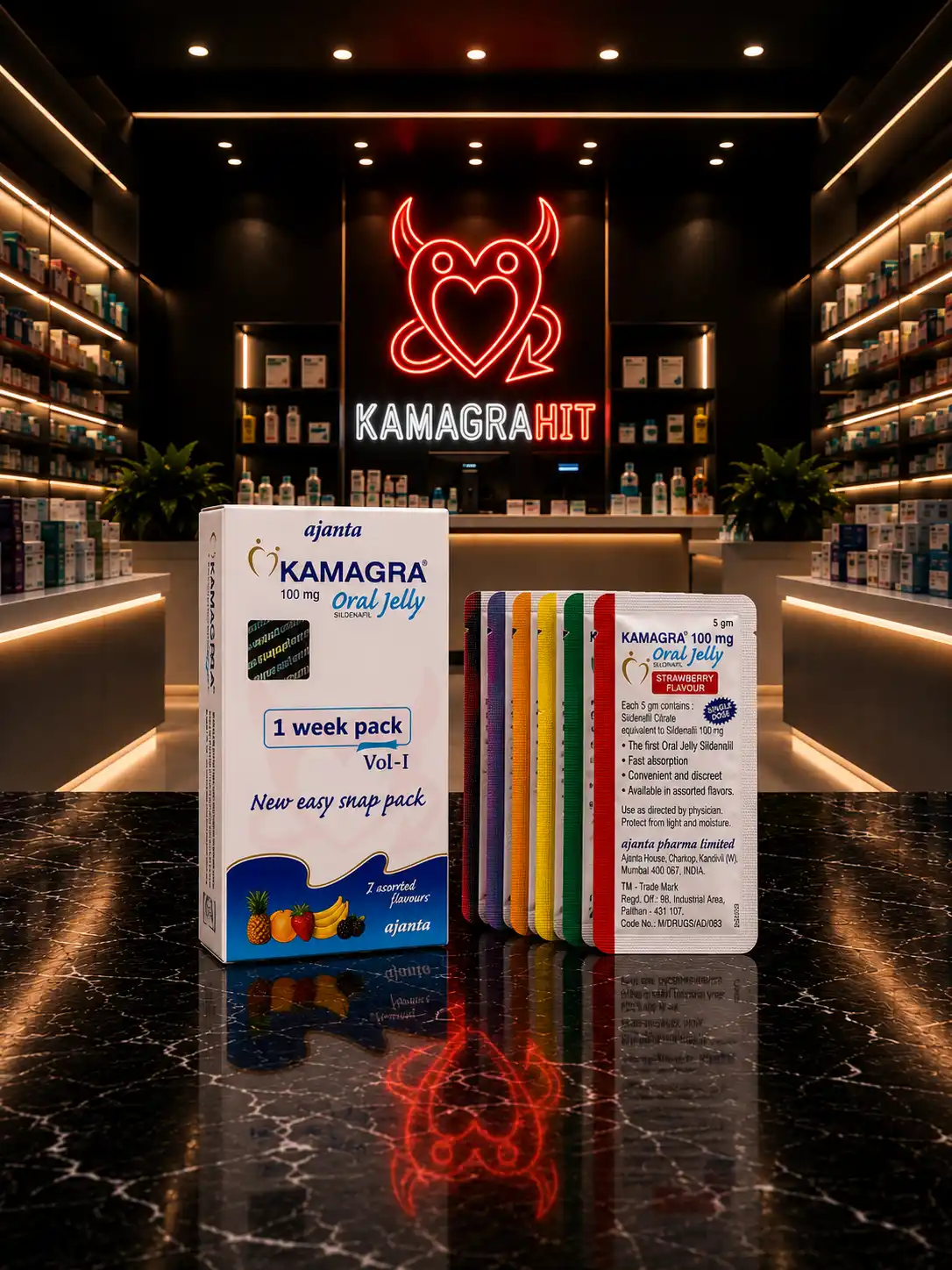 KamagraHit - Originalni Kamagra oralni gel 100mg na mermernom stolu sa neon logom - Najpouzdaniji online prodavac preparata za potenciju u Srbiji