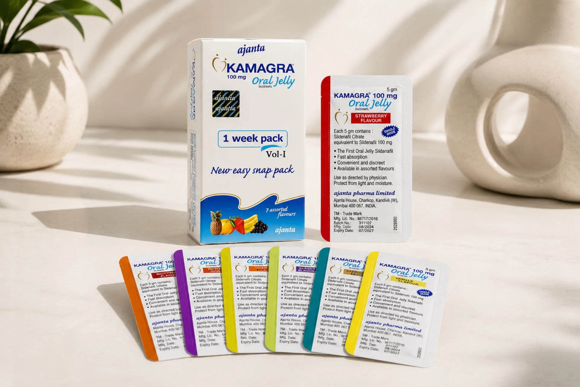 Kamagra HiT 2 Originalna Kamagra Oral Jelly 100 mg kompanije Ajanta Pharma sa originalnim pakovanjem i sedam različitih ukusa.