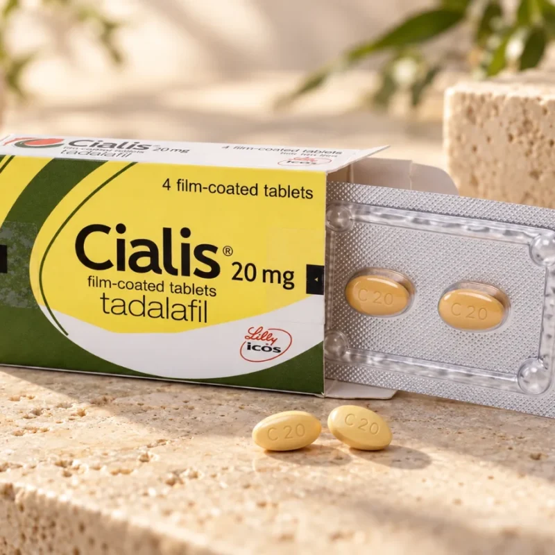 Cialis 20 mg original otvorena kutija sa blisterom od 2 tablete i 2 tablete ispred u KH Studio sceni