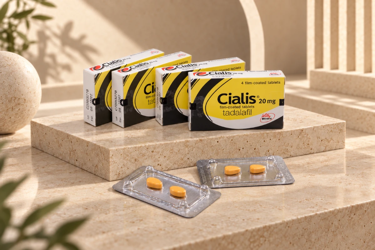 Cialis 20 mg original pakovanja sa tadalafil blisterima i tabletama u KH Studio travertine sceni