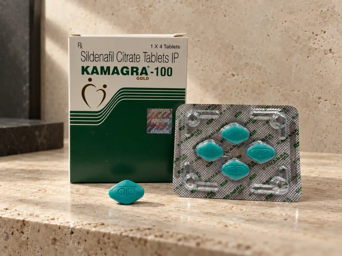 Kamagra Gold 100 mg – kutija, blister i jedna tableta u KH Studio sceni