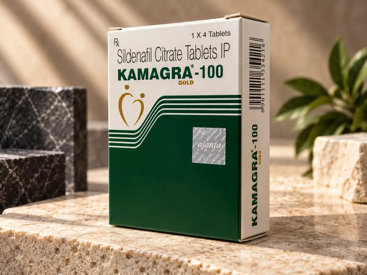 Kamagra Gold 100 mg – prednja i bočna strana kutije u KH Studio sceni