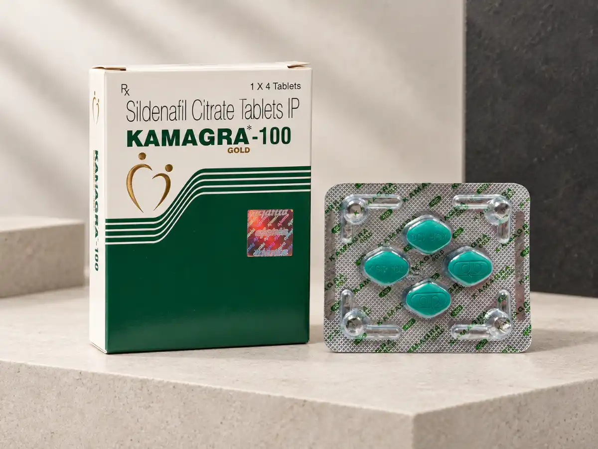 Kamagra Gold 100 mg – kutija i blister sa 4 tablete za WooCommerce prikaz