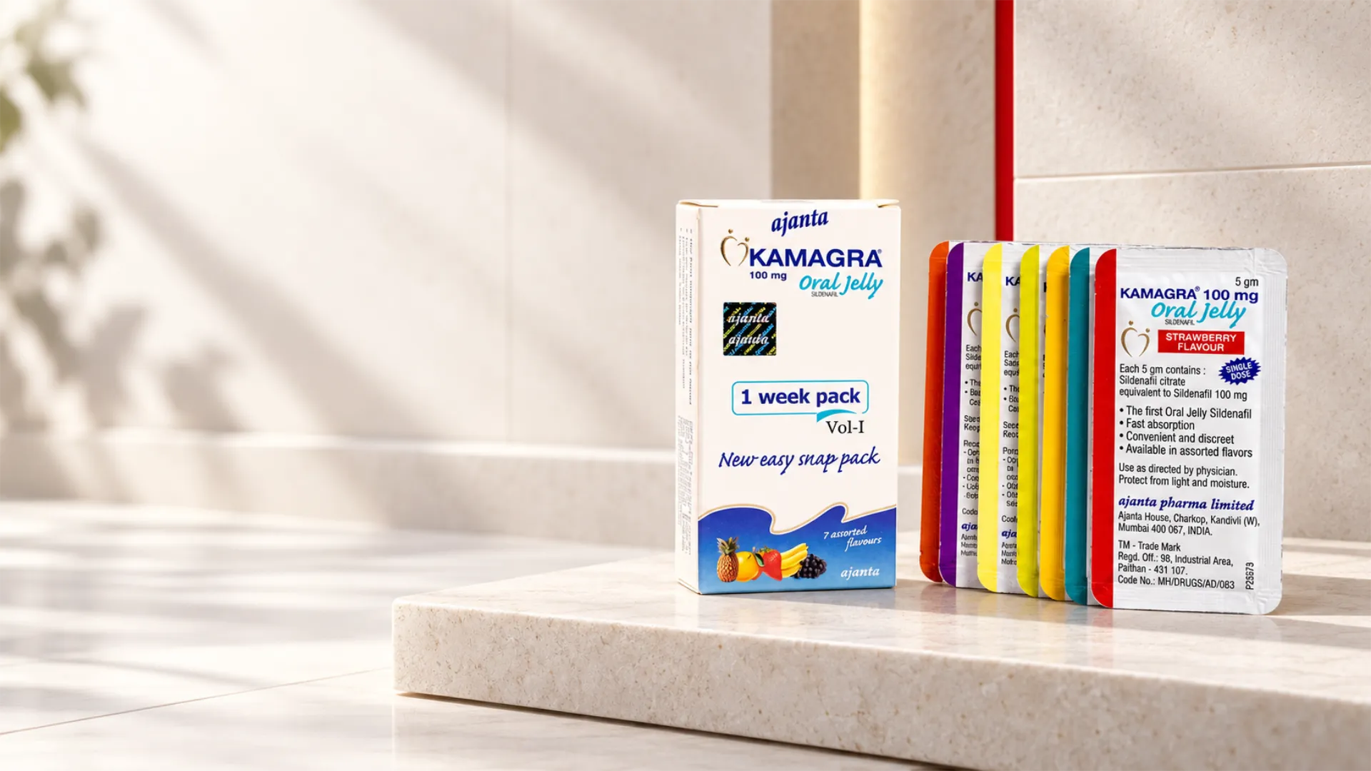 Kamagra Oralni Gel 100 mg – pakovanje od 7 kesica Kamagra Oralni Gel 100 mg – kutija i 7 kesica u studijskoj hero sceni