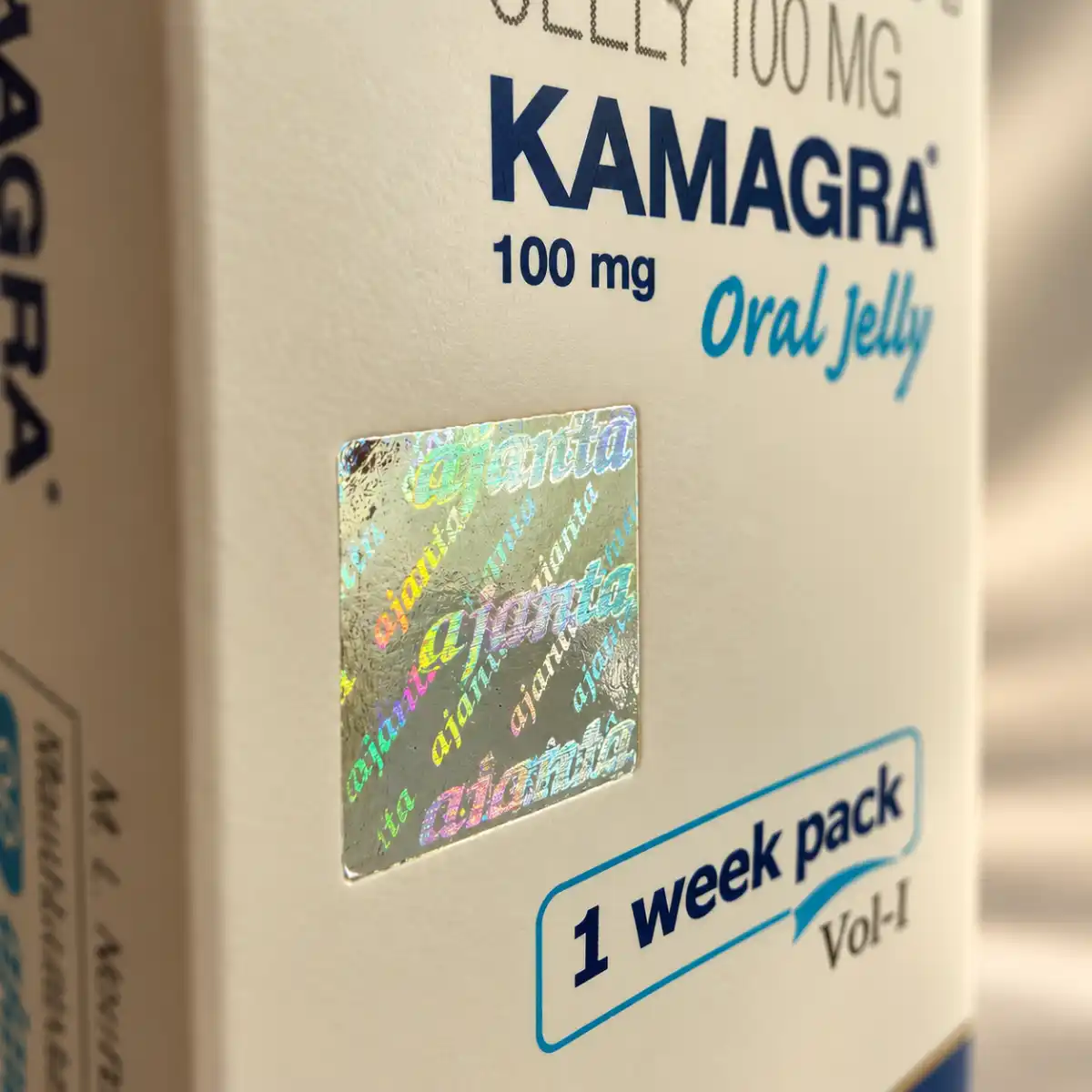 Kamagra Oralni Gel 100 mg – hologram i detalj prednje strane pakovanja