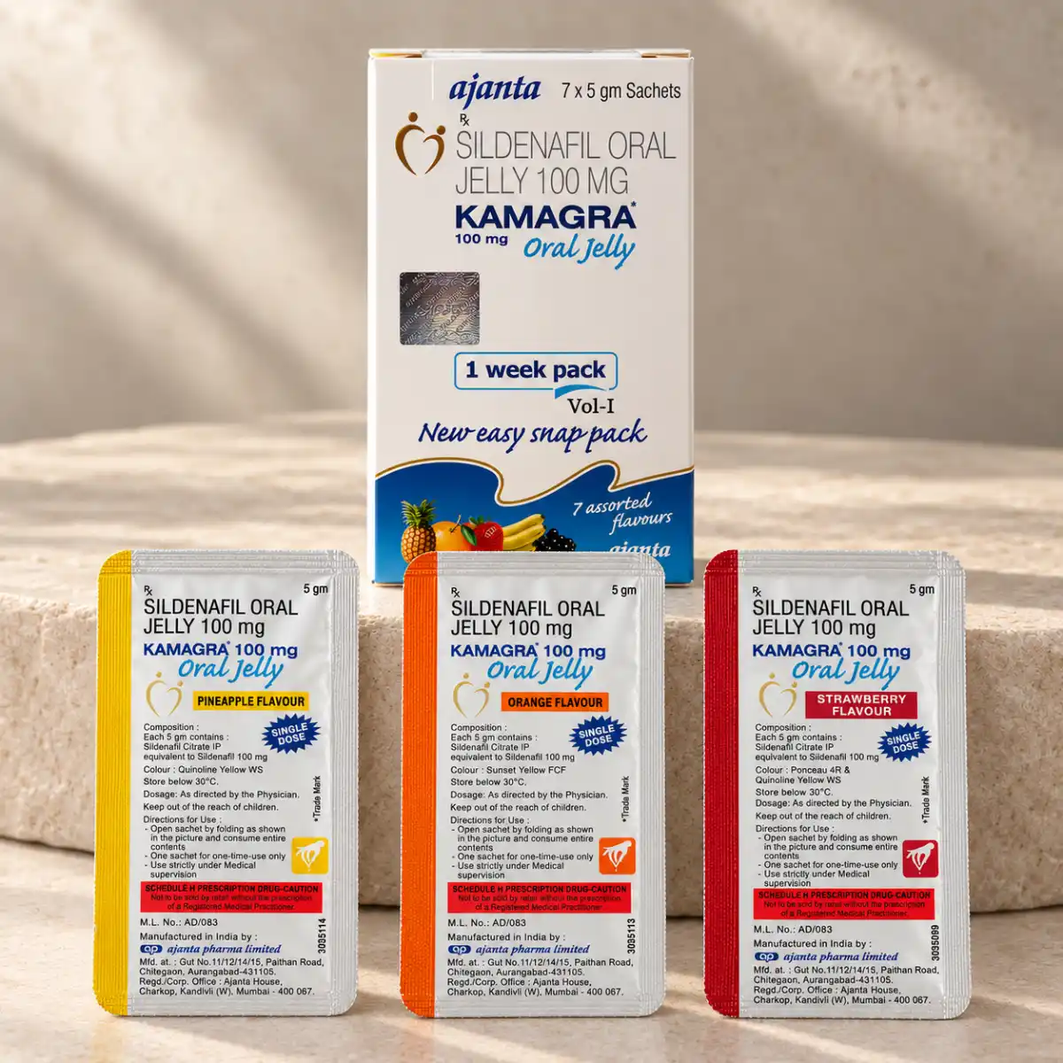 Kamagra Oralni Gel 100 mg – kutija i 3 kesice u premium studijskoj sceni