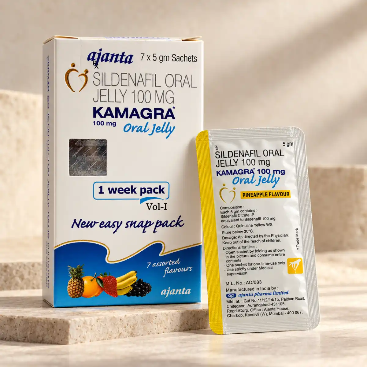 Kamagra Oralni Gel 100 mg – kutija i pojedinačna kesica u premium studijskoj sceni