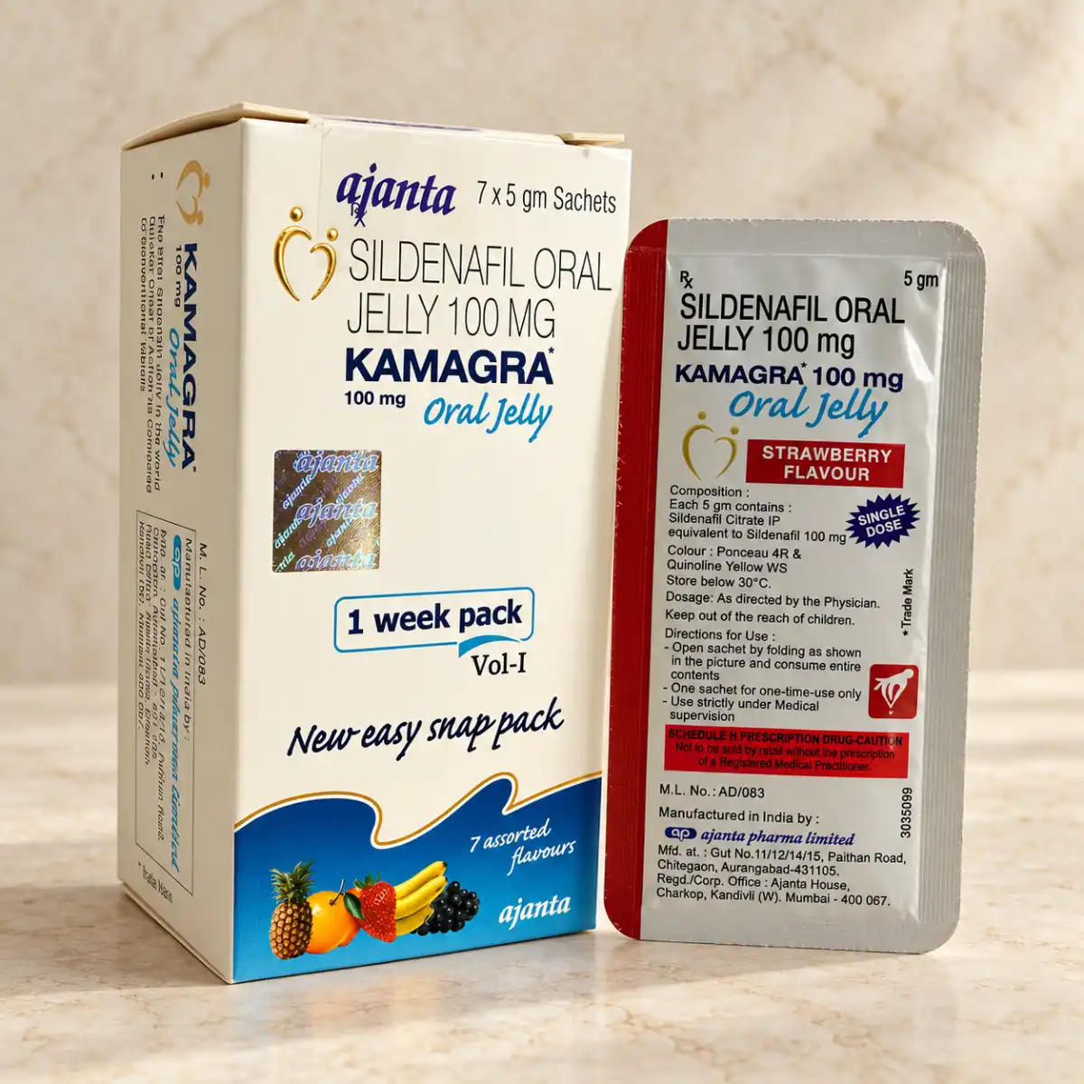Kamagra Oralni Gel 100 mg – kutija i Strawberry kesica oralnog gela