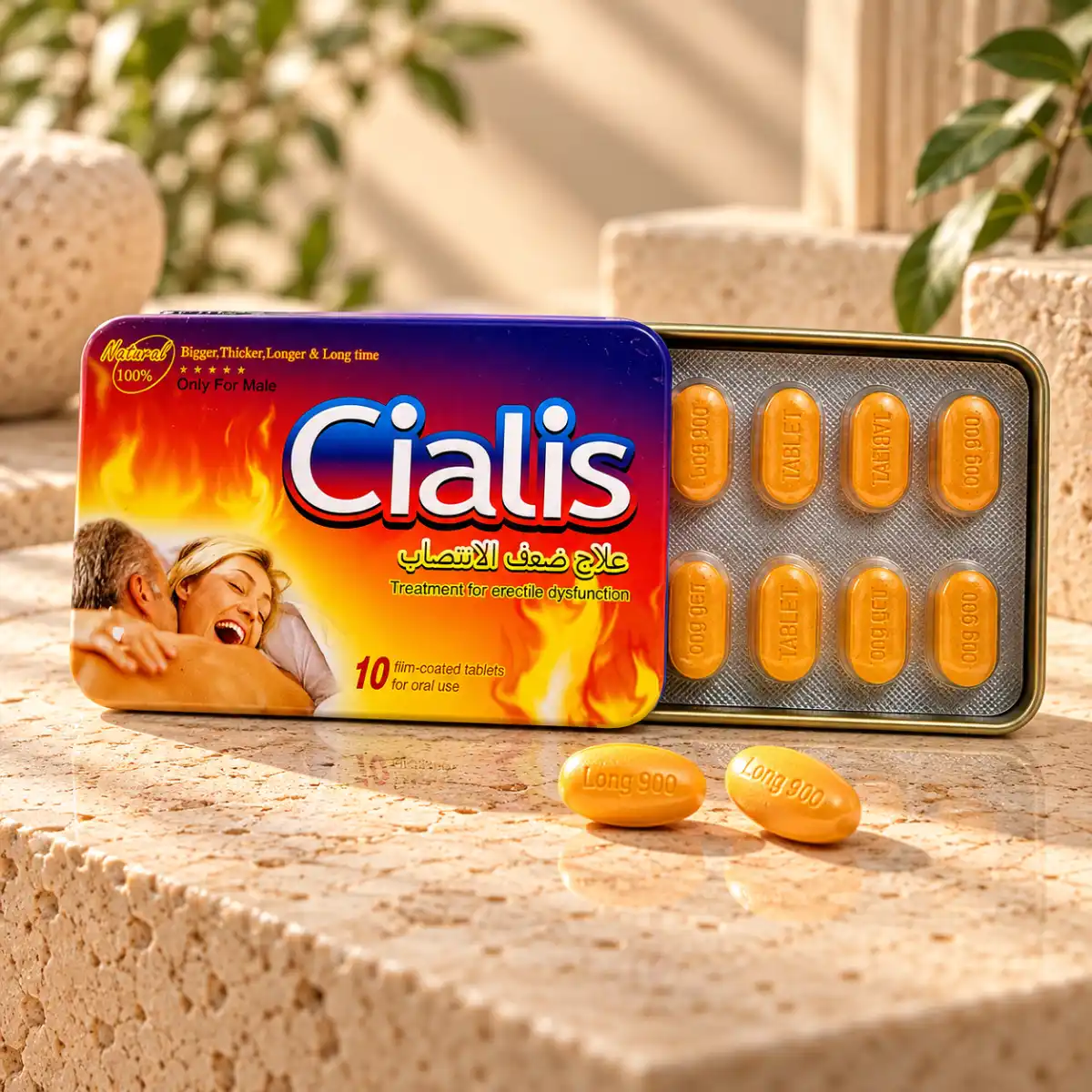 Biljni Cialis 3800 mg u metalnom pakovanju sa blisterom i dve narandžaste tablete na svetloj kamenoj podlozi.