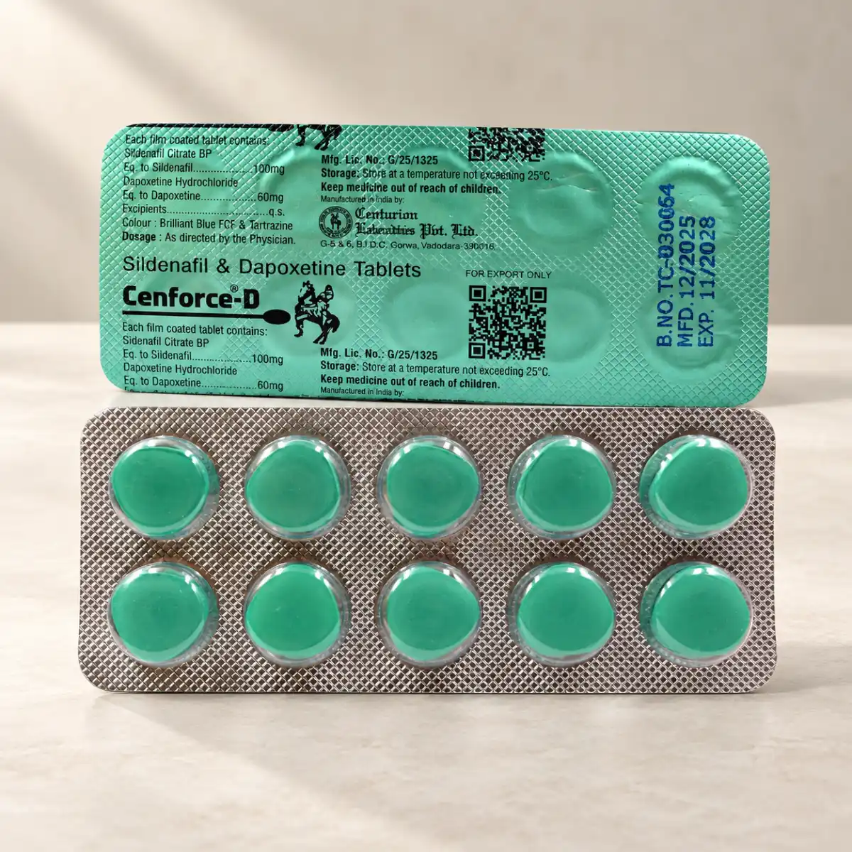 Cenforce-D 160 mg – prikaz obe strane blistera sa 10 zelenih tableta