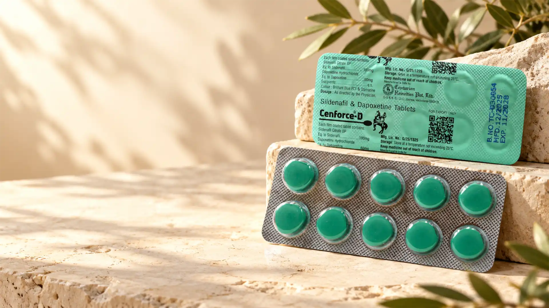Cenforce-D 160 mg, blister sa 10 tableta i deklaracijom na kamenoj podlozi