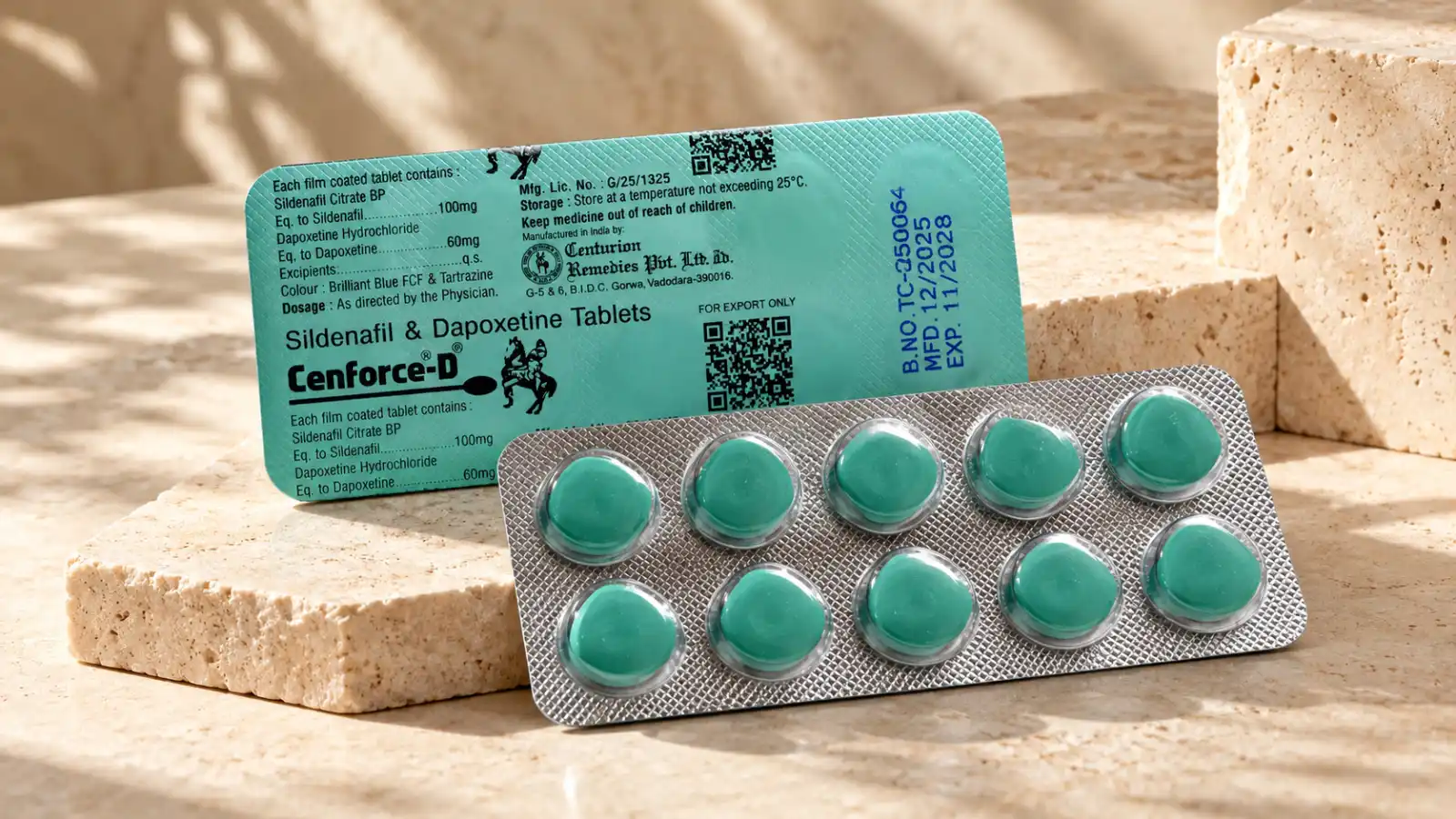 Cenforce-D 160 mg – blister sa 10 zelenih tableta i poleđinom pakovanja na svetloj kamenoj podlozi