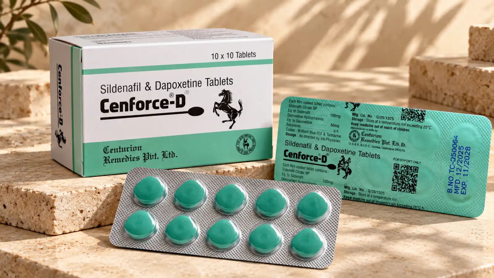 Cenforce-D 160 mg – ilustracija blistera sa 10 zelenih tableta, poleđine blistera i transportne kutije