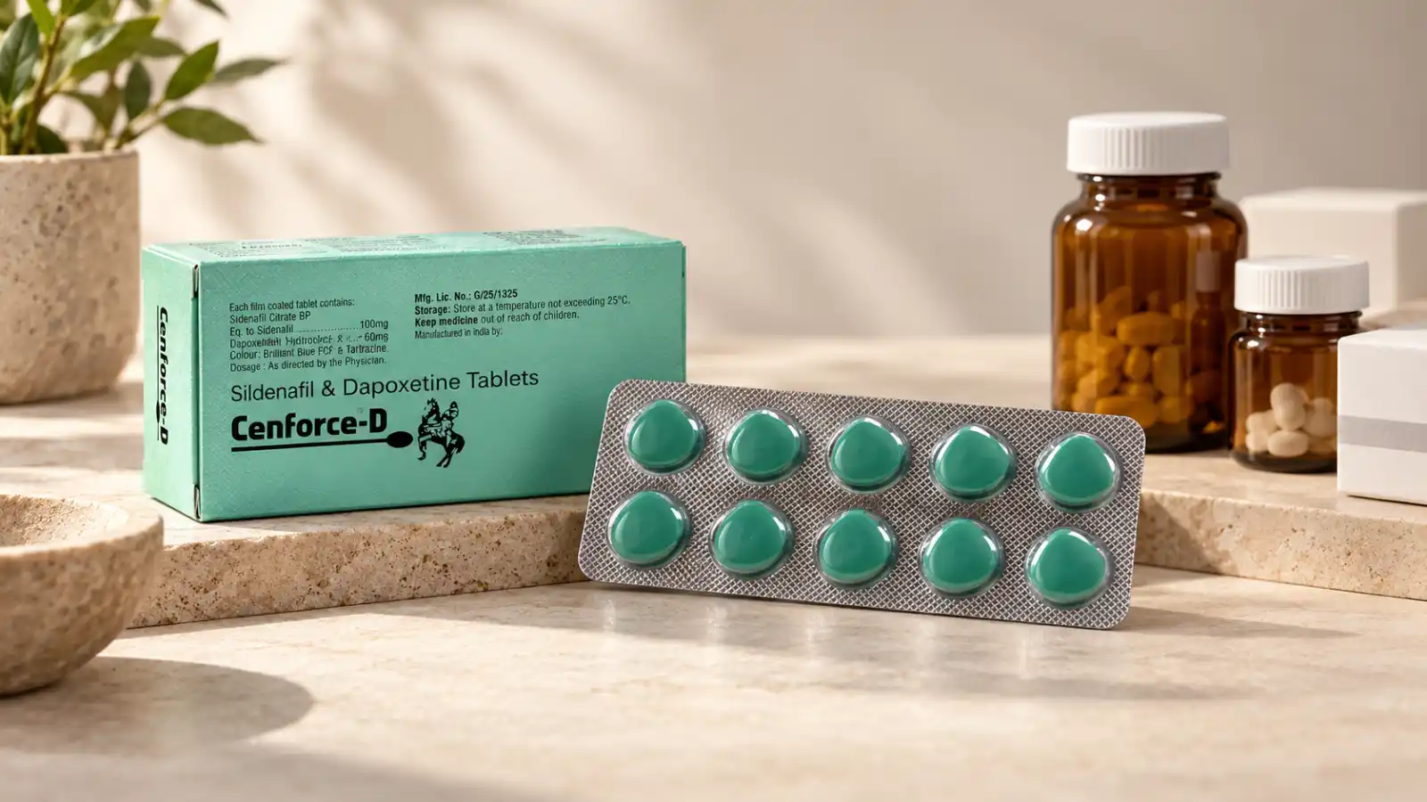 Cenforce-D 160 mg – blister sa 10 zelenih tableta pored bočica drugih lekova, ilustracija mogućih interakcija