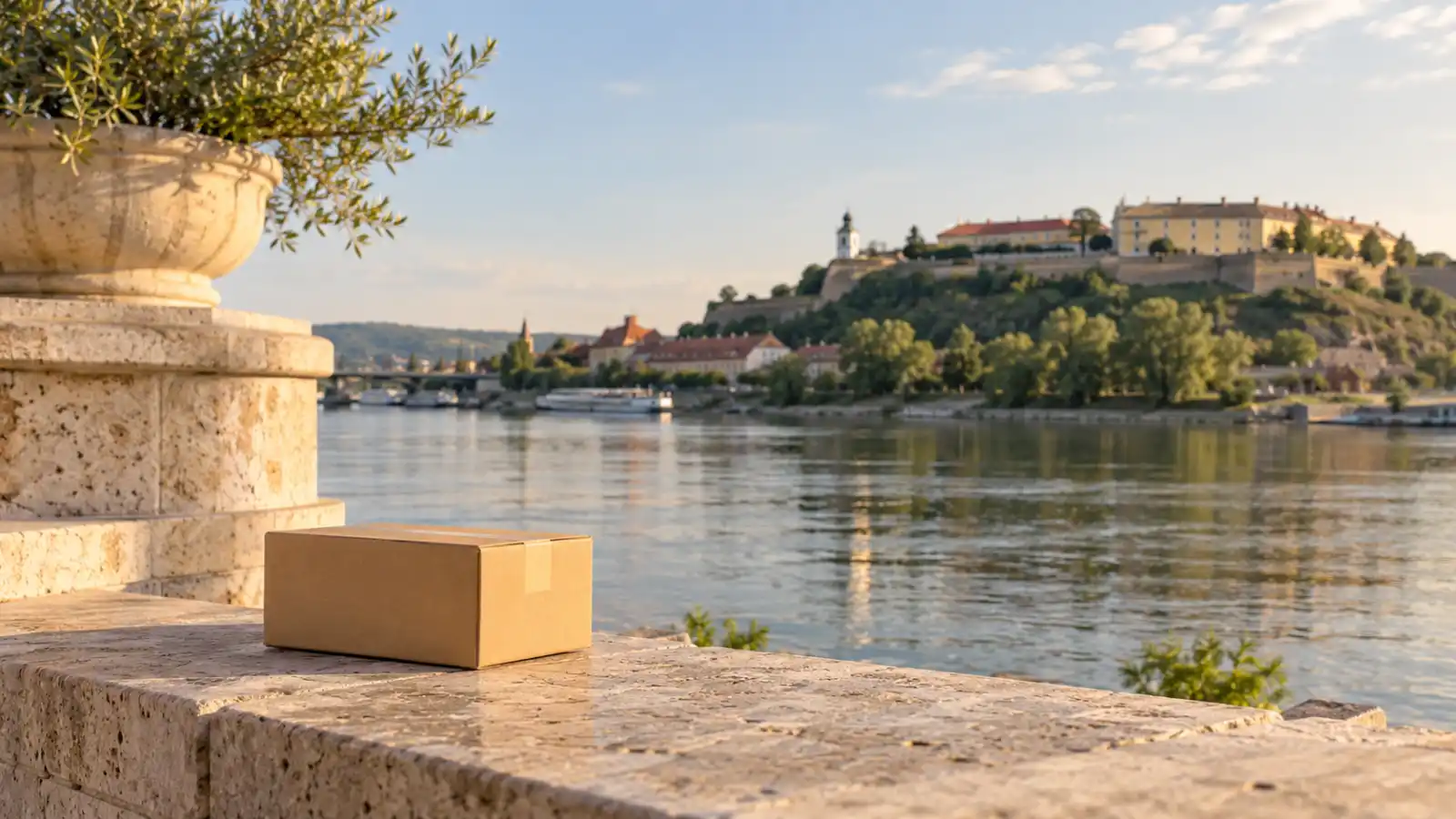 Pogled na Petrovaradinsku tvrđavu i Dunav u Novom Sadu, sa neutralnom kutijom za dostavu na kamenoj površini.