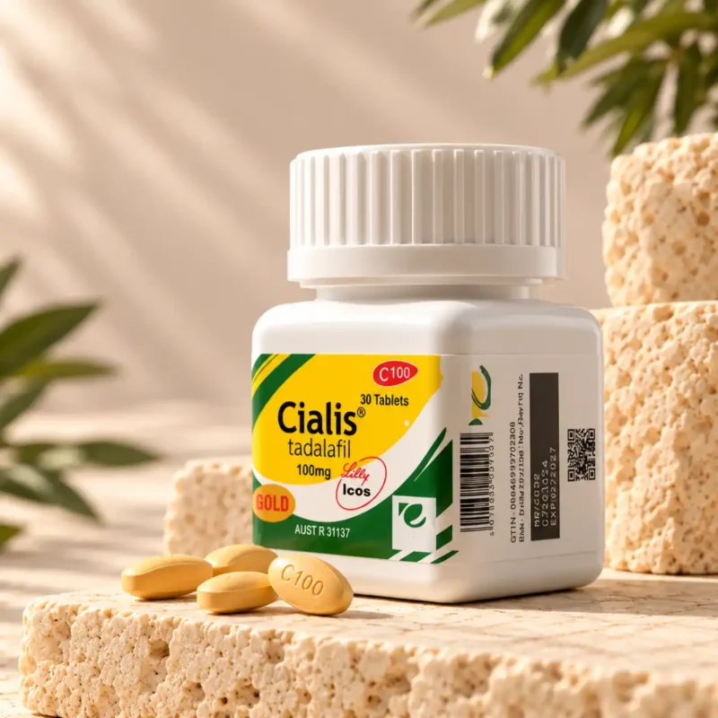 Ilustrativni studijski prikaz bele bočice sa oznakom Cialis 100 mg – 30 tableta, na travertinskoj podlozi