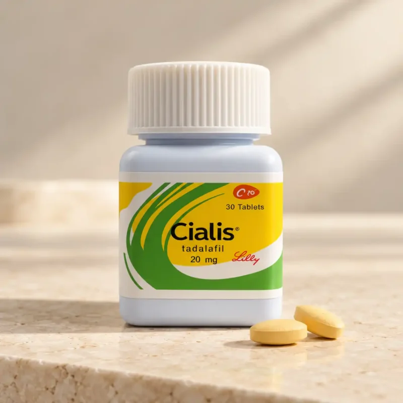 Bočica sa oznakom Cialis 20 mg – 30 tableta na svetloj travertinskoj podlozi, uz dve žute tablete