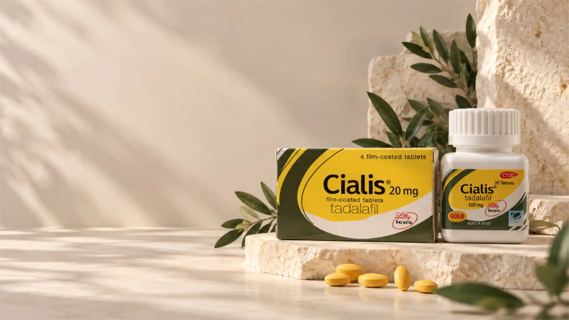 Cialis i tadalafil proizvodi na svetloj kamenoj podlozi