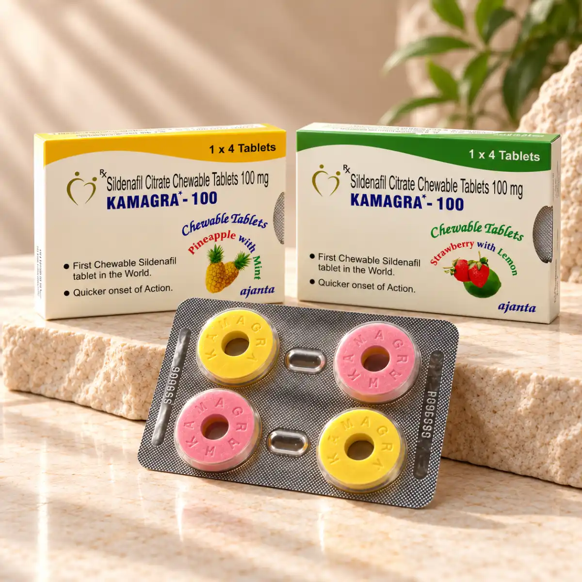 Kamagra bombone 100 mg – 4 komada, dve varijante pakovanja sa blisterom od 4 tablete