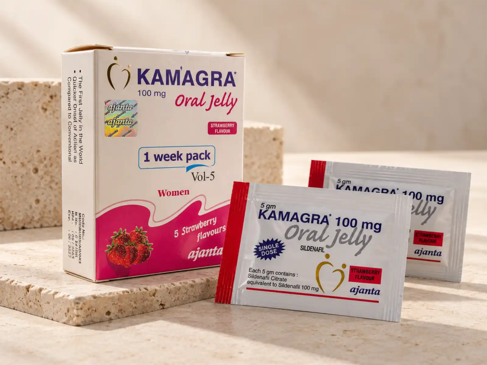 Kamagra Oral Jelly Women 100 mg, kutija i dve pojedinačne kesice oralnog gela sa ukusom jagode
