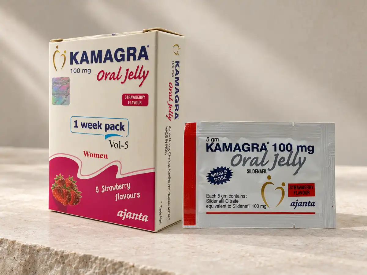 Kamagra Oral Jelly Women 100 mg – bela kutija sa roze detaljima i pojedinačna kesica