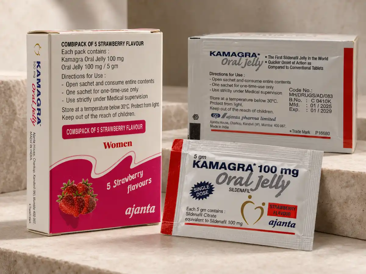 Kamagra Oral Jelly Women 100 mg – deklaraciona strana kutije i poleđina kesice sa podacima o proizvodu