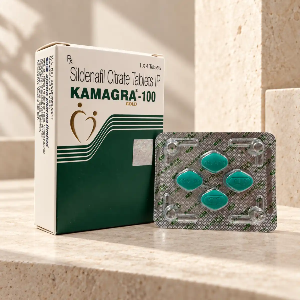 Kamagra Gold 100 mg – kutija i blister sa 4 tablete