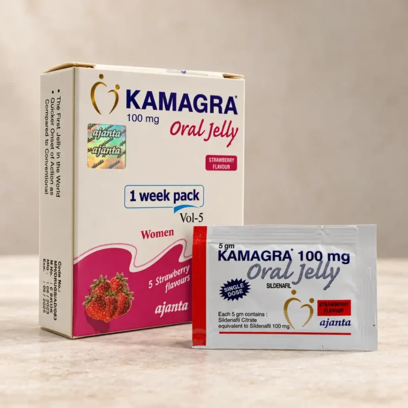 Kamagra Oral Jelly Women 5 kesica – kutija i jedna kesica na svetloj kamenoj podlozi