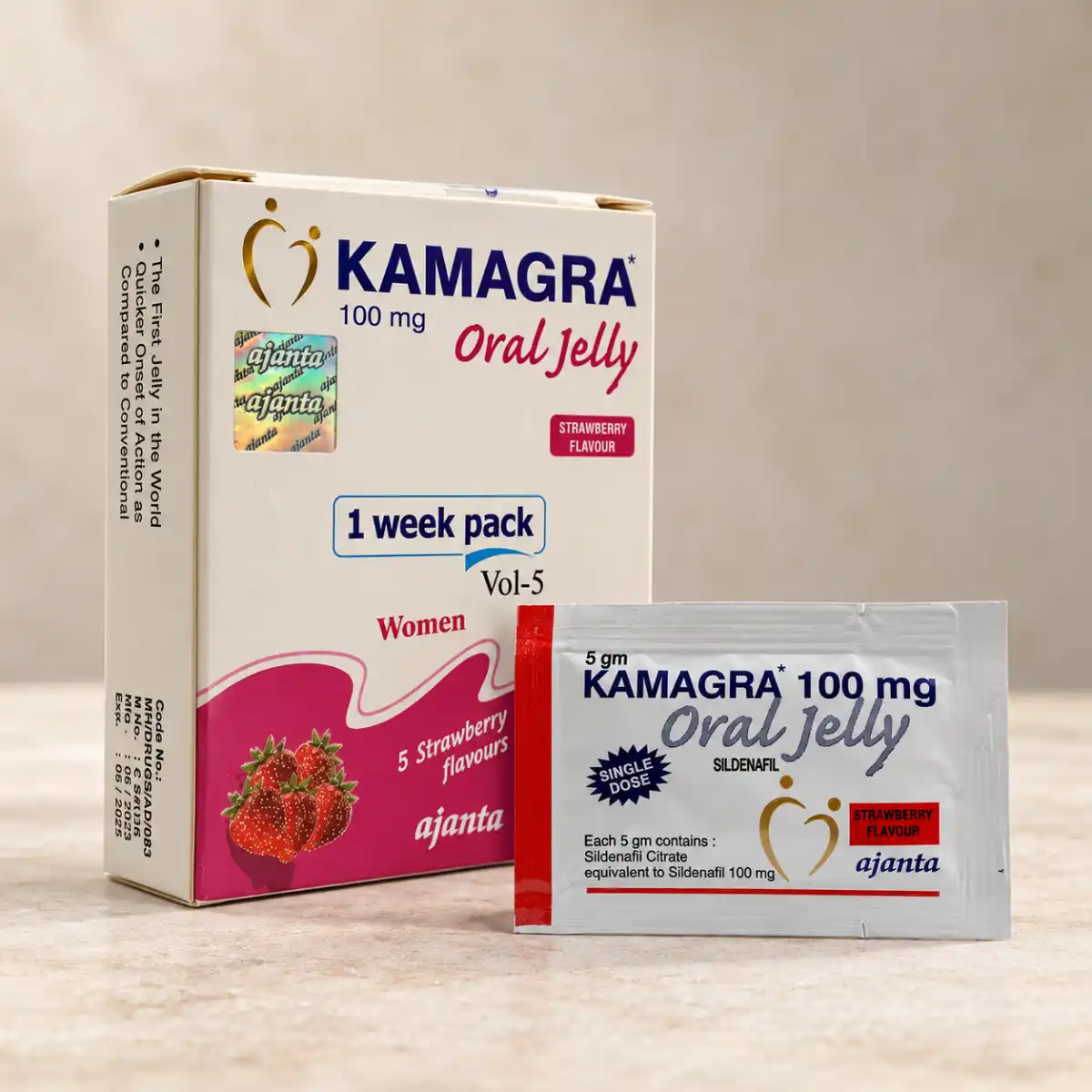 Kamagra Oral Jelly Women 5 kesica – kutija i jedna kesica na svetloj kamenoj podlozi