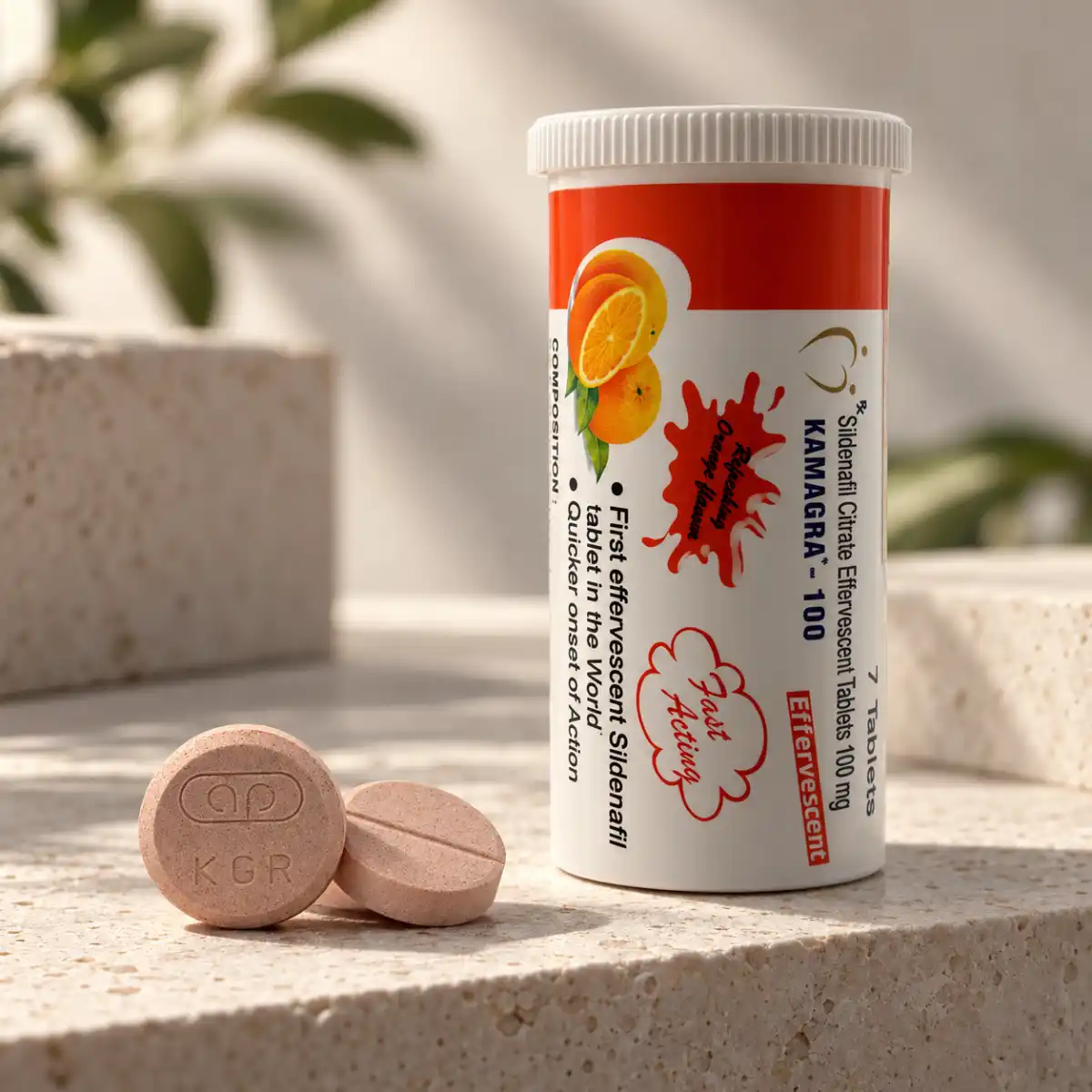 Kamagra šumeće tablete 100 mg – finalna CTA scena pakovanja od 7 tableta