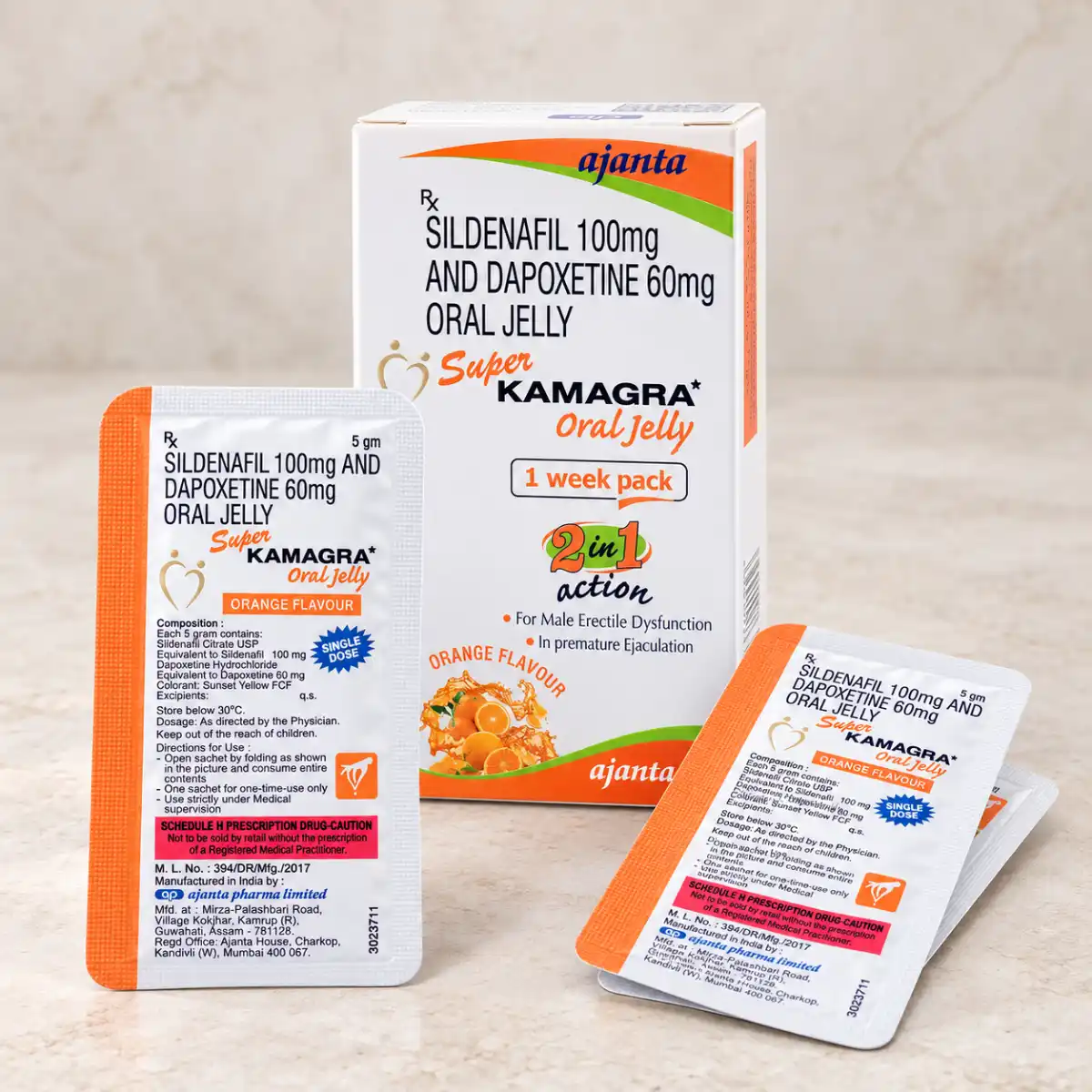 Super Kamagra Gel 7 kesica – kutija i pojedinačne kesice oralnog gela