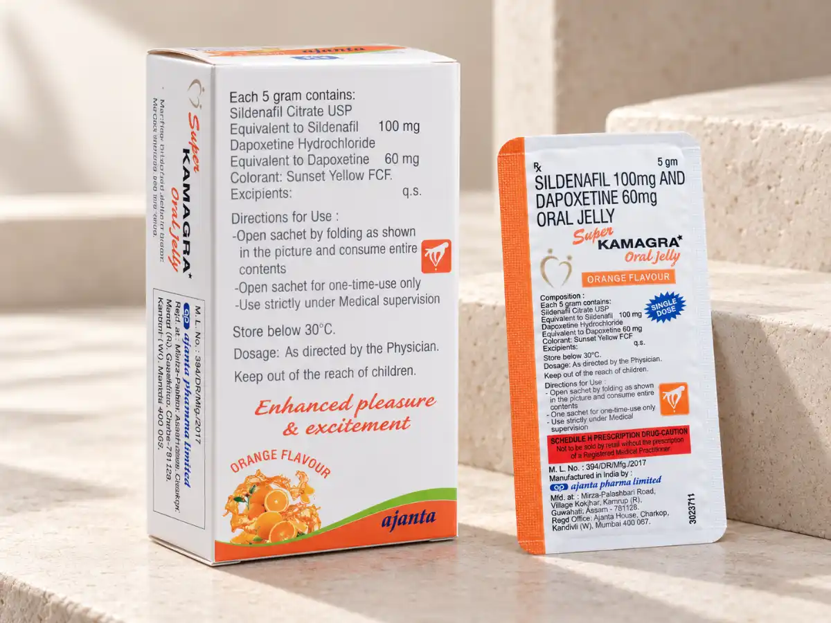 Super Kamagra Oral Jelly – poleđina kutije sa deklaracijom i jedna kesica