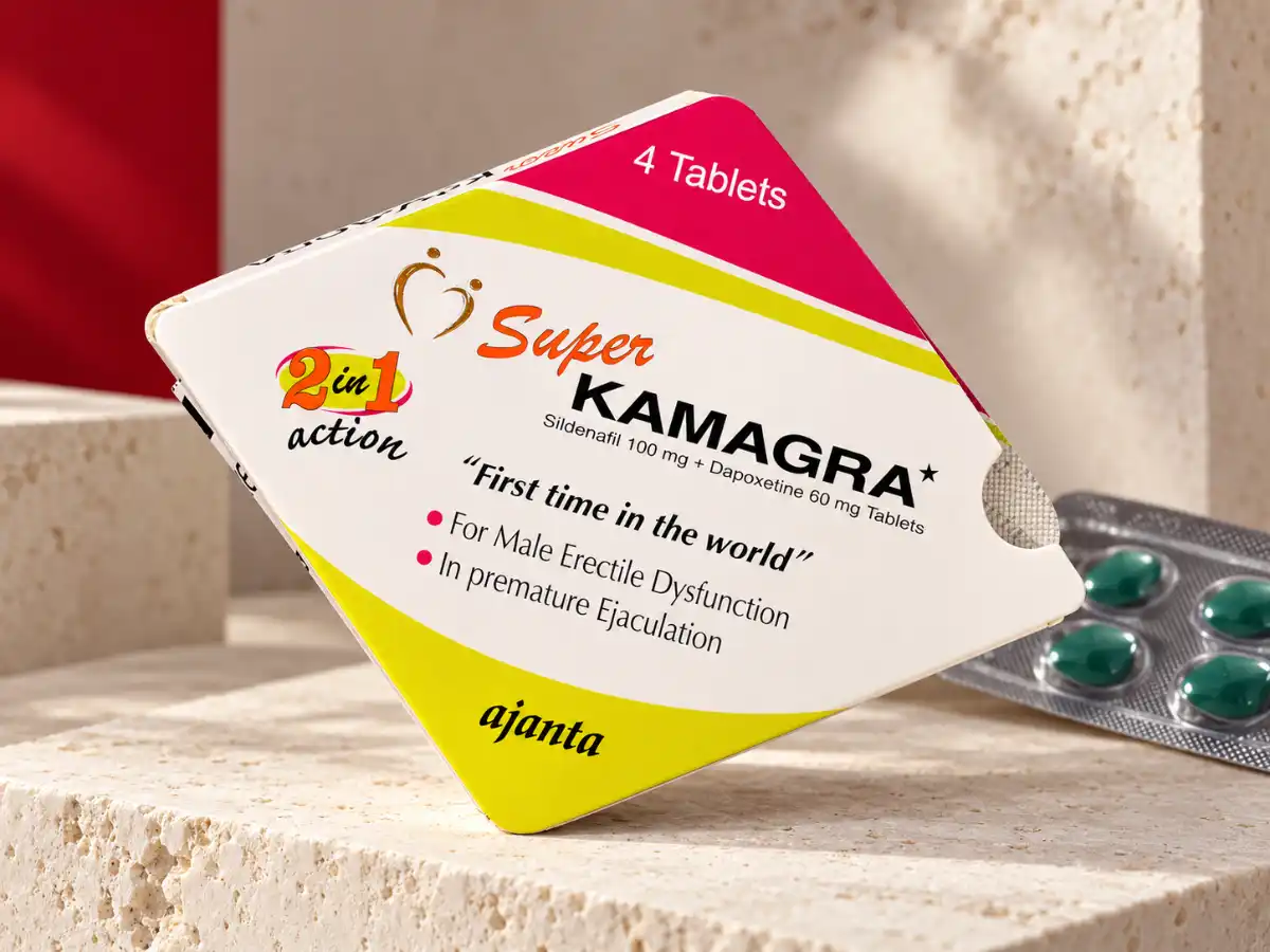 Super Kamagra tablete 2u1 – prednja strana pakovanja sa oznakama 2 in 1 i 4 tablete