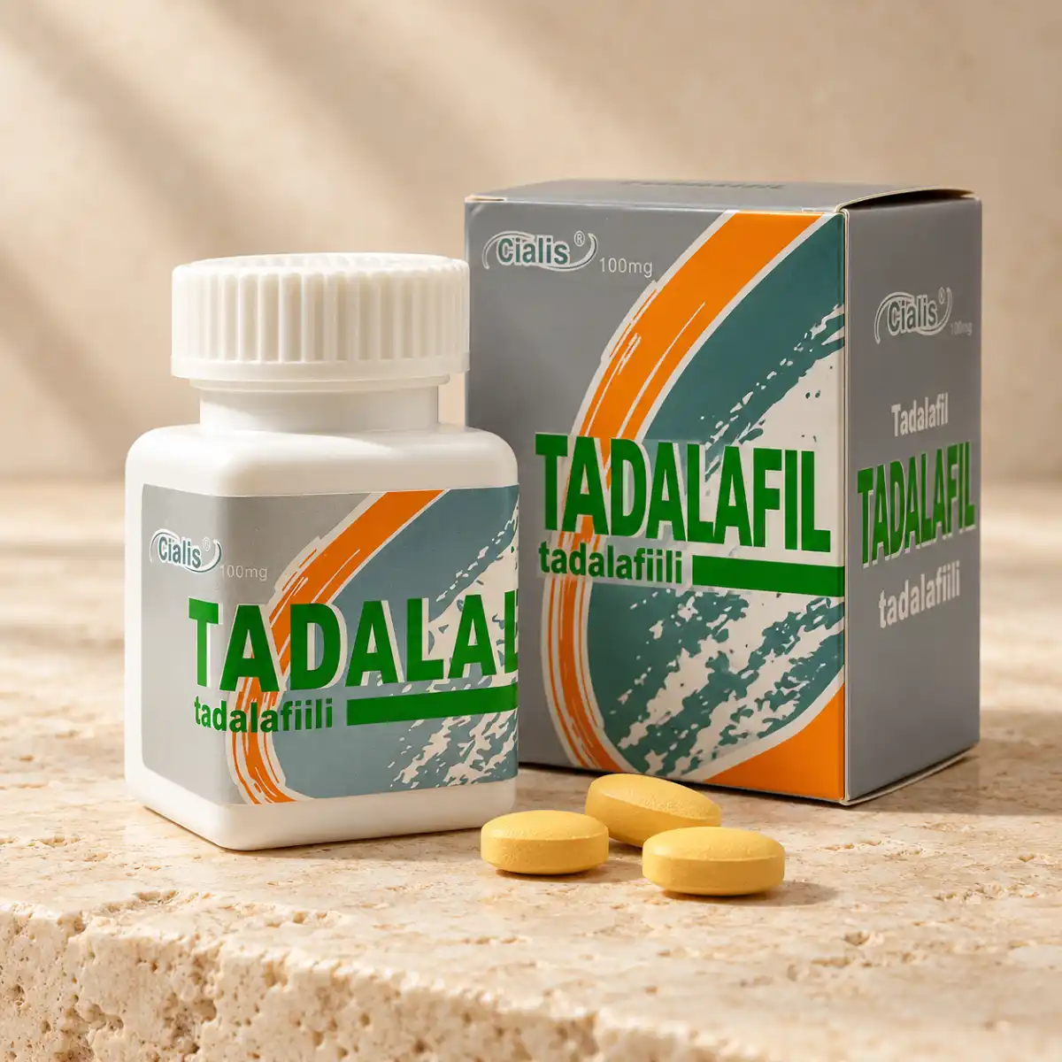 Ilustrativni prikaz pakovanja Tadalafil 100 mg – 10 tableta, kutija i bočica na kamenoj podlozi