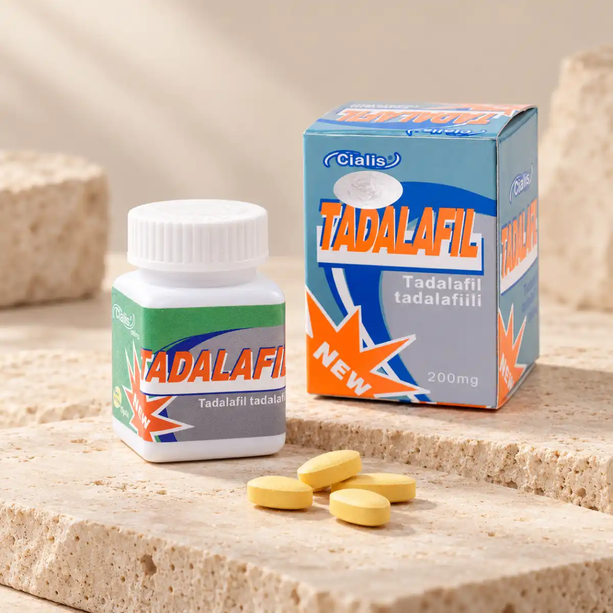 Tadalafil 200 mg – 10 tableta, bočica i kutija proizvoda na svetloj kamenoj podlozi