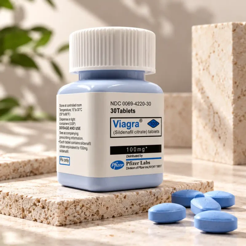 Viagra 100 mg – bočica sa oznakom 30 tableta, Pfizer, uz plave tablete na svetloj kamenoj podlozi