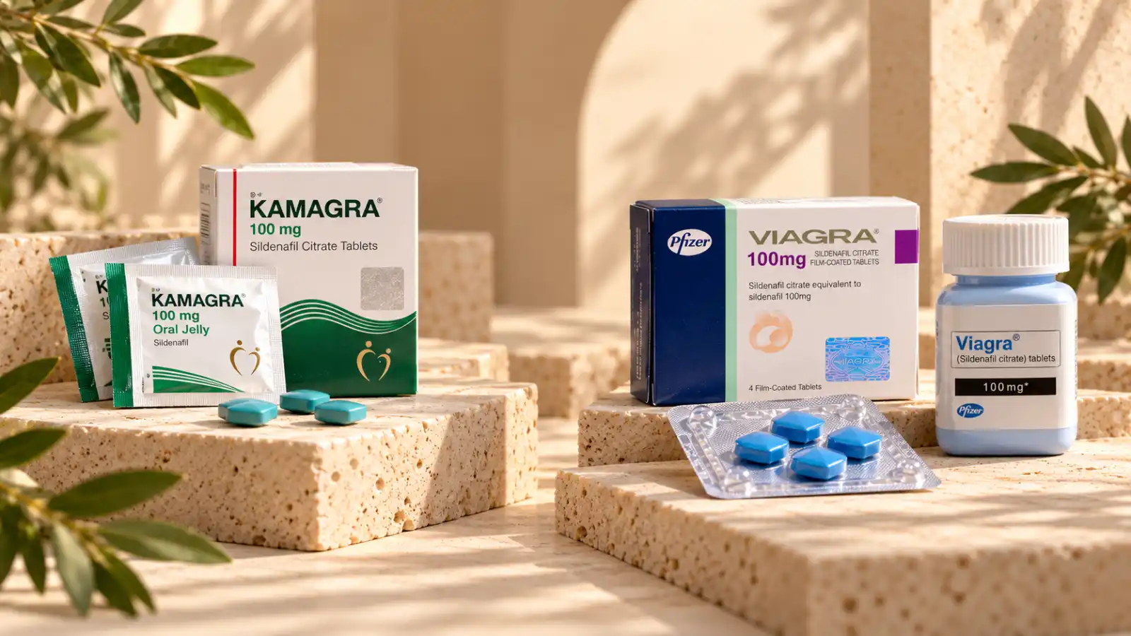 Kamagra i Viagra pakovanja na odvojenim travertinskim pločama, ilustracija poređenja